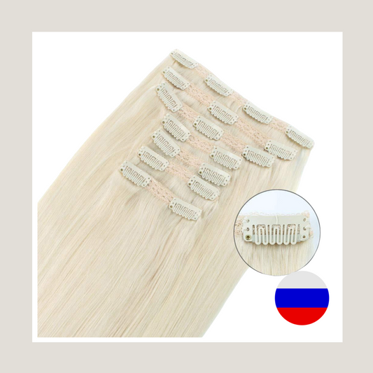Cheveux humains russes vierges Remy, extensions de cheveux à clipser
