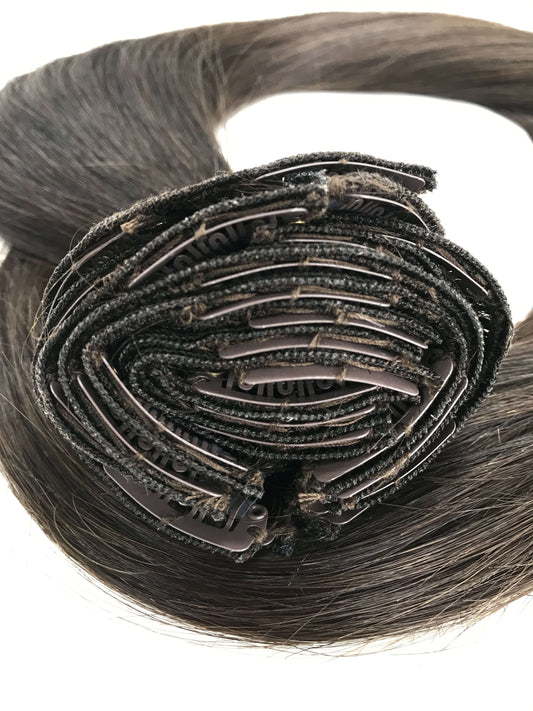 Brazilian Remy Human Hair, Clip In Extensions, 18", färg 2, mörkbrun, 100g - snabb frakt